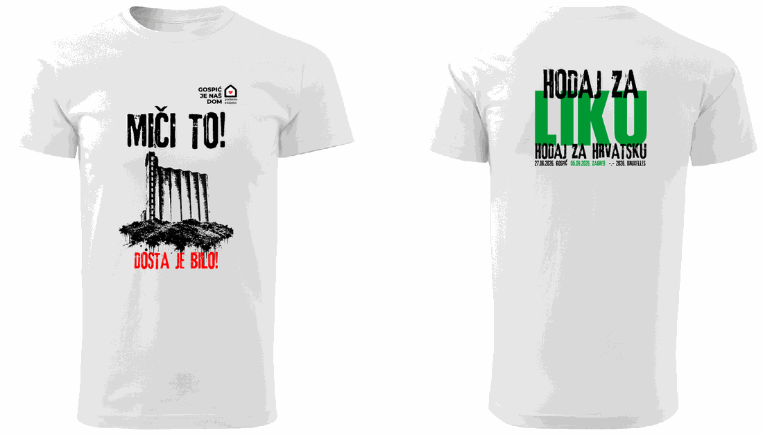 Bijela majica: sprijeda silos i natpis Miči to, na leđima Hodaj za Liku / White shirt: the silo and Move it on the front, Walk for Lika on the back